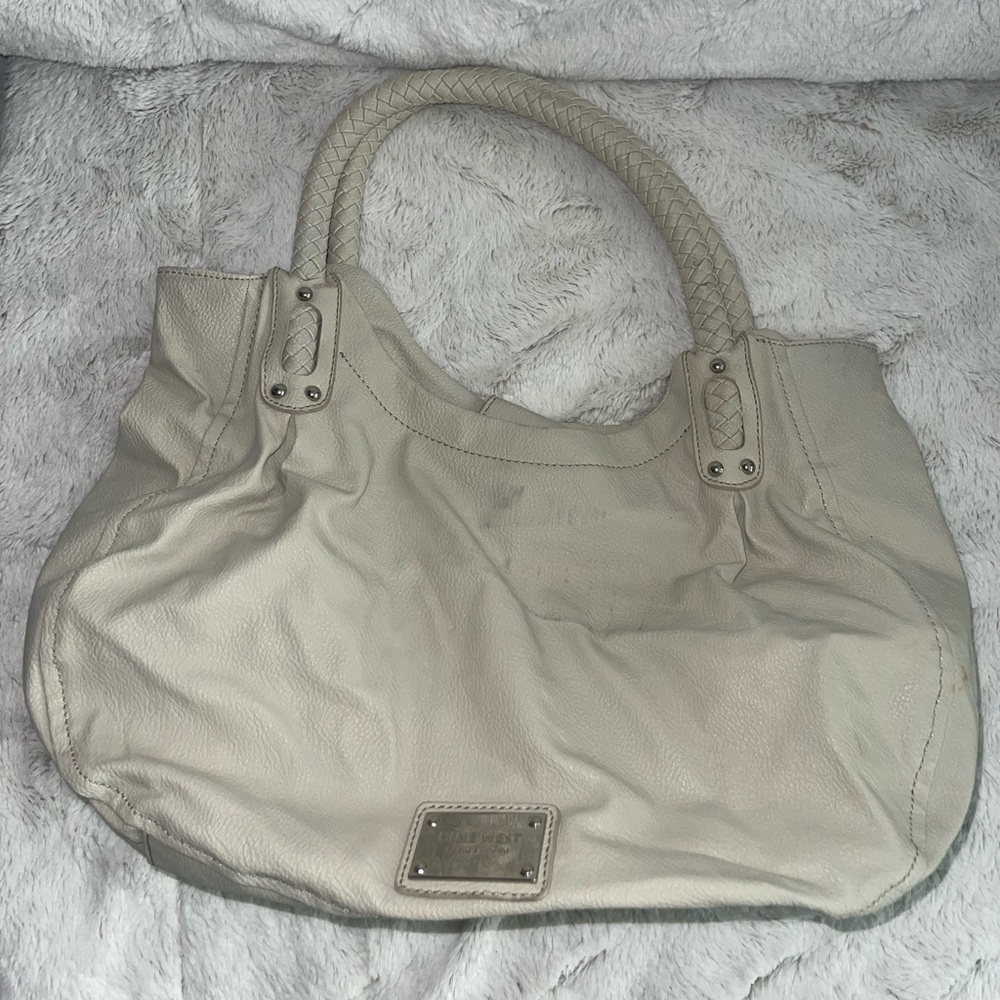 Cream Shoulder Bag with Metallic Accents and Textured Finish